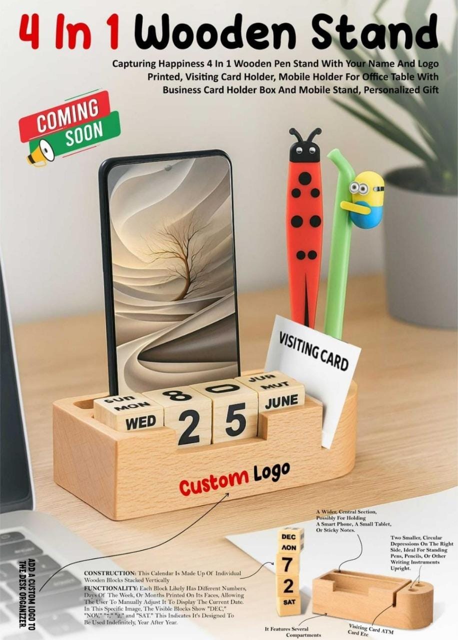 4‑in‑1 Wooden Desk Organizer with Perpetual Calendar